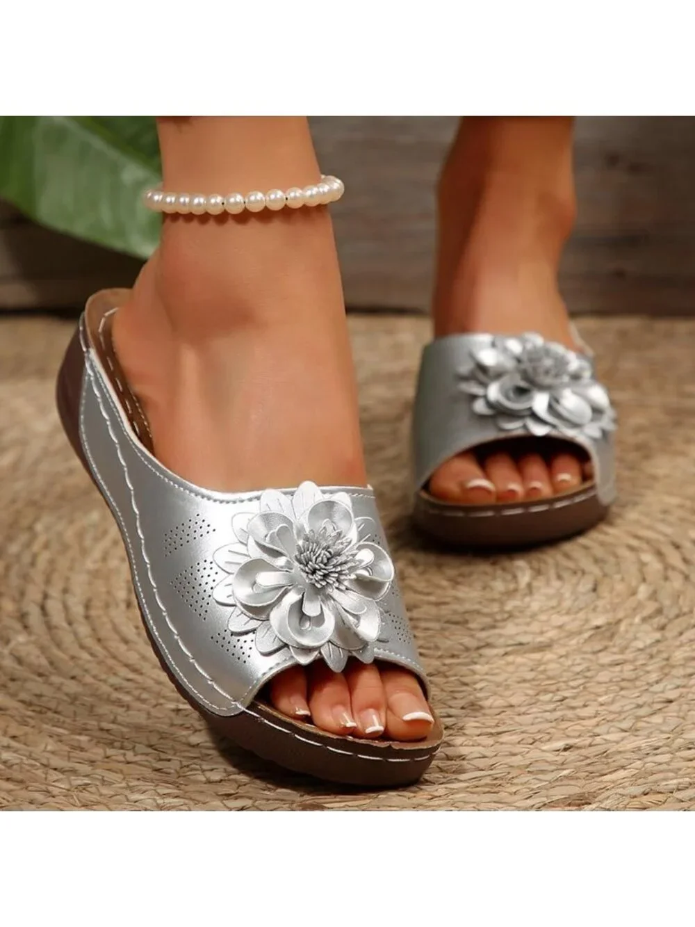 Women's Silver Faux Leather Summer Wedge Low Open Toe Slide Dressy Flower Sandal